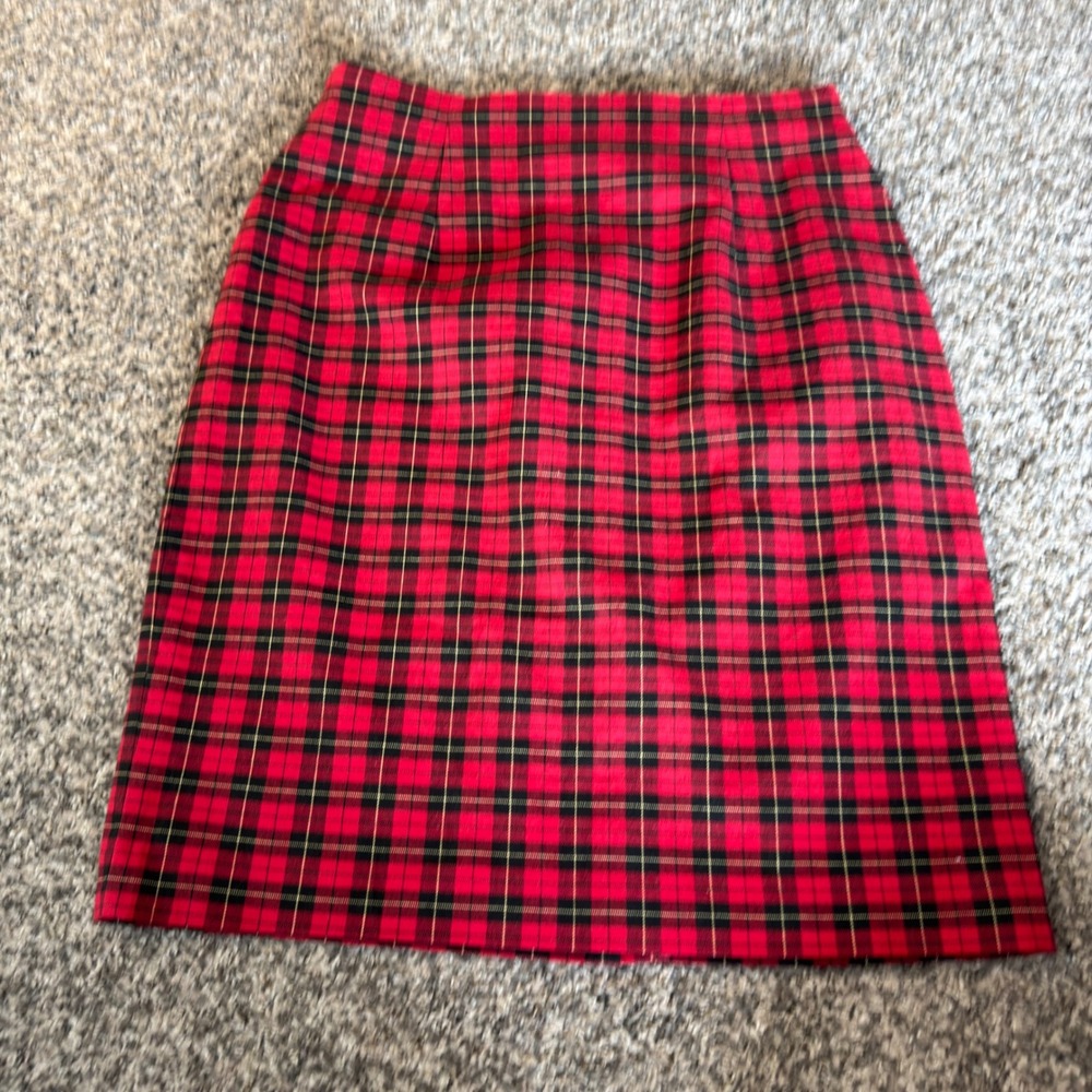 Talbots Red Black Plaid Pencil Skirt Womens 10 Cotton Stretch Tartan Knee Length
